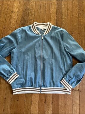 eesome Light Blue Bomber Jacket with White & Brown Trim